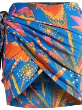 FARM Rio Bright Blue Tropical Print Mini Skirt with Orange and Pink Accents